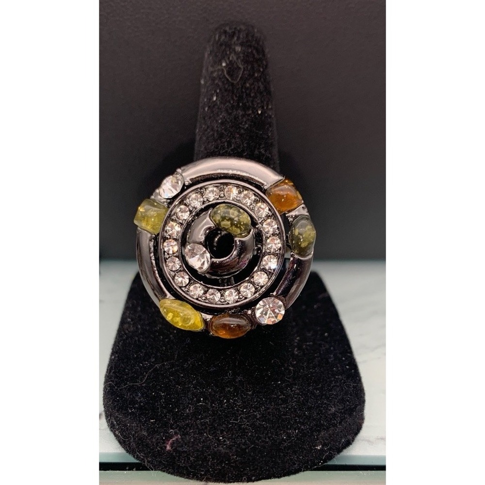 Gun Metal Round Colorful Rhinestone Industrial Modernist Statement Ring Sz 6